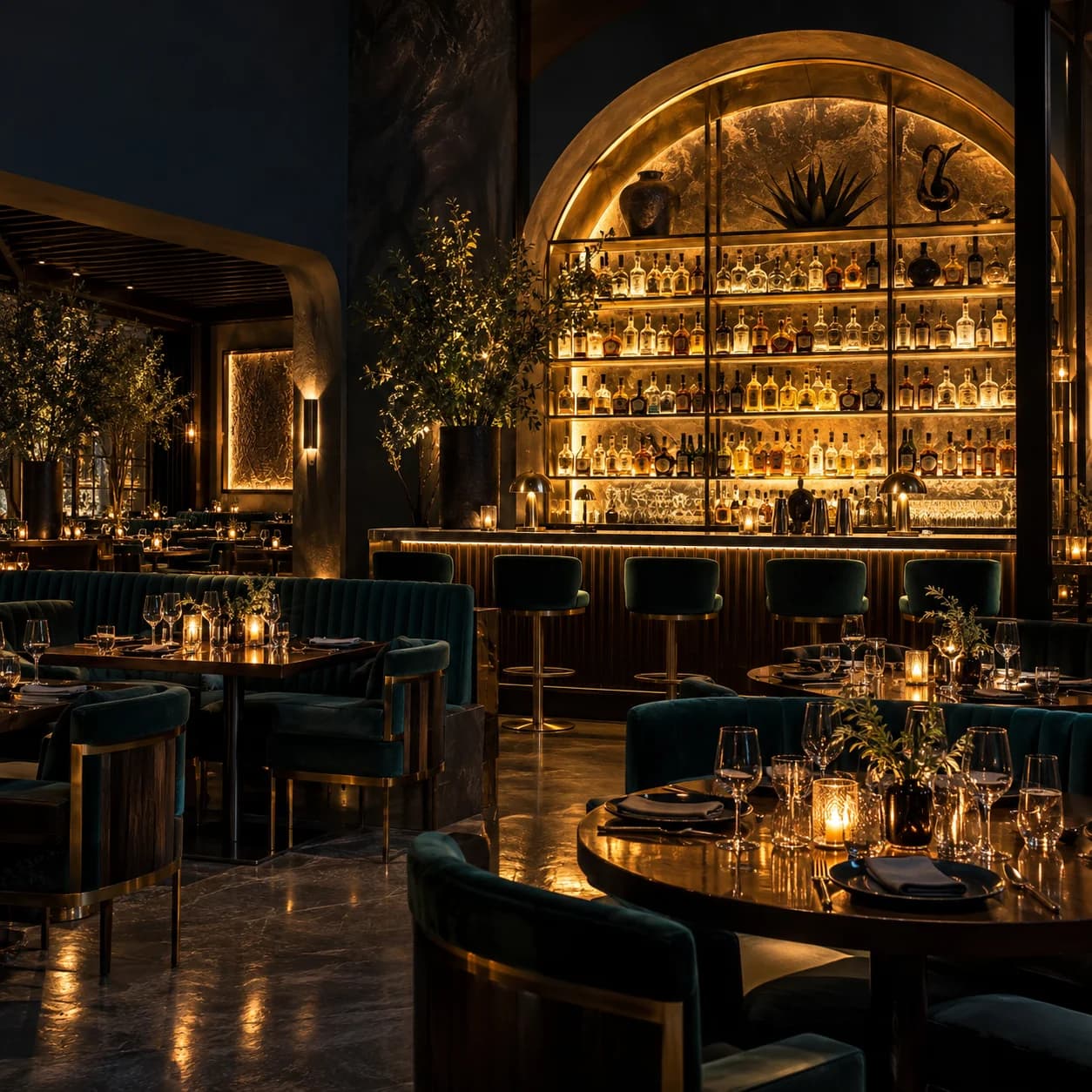 Restaurante de diseño con cava y barra iluminadas en tonos dorados